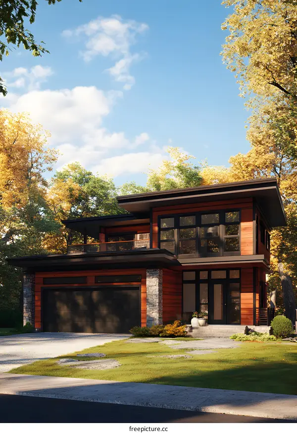 Modern House with Large Windows and Stone Columns