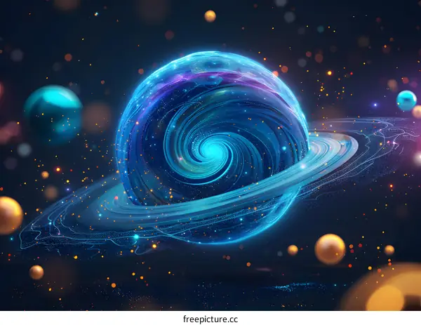 Blue planet with a glowing ring of light surrounded by stars and planets