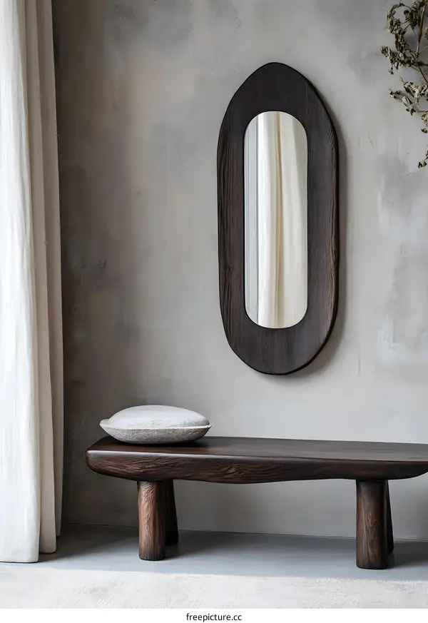 Wooden Bench and Oval Mirror with Rustic Wall