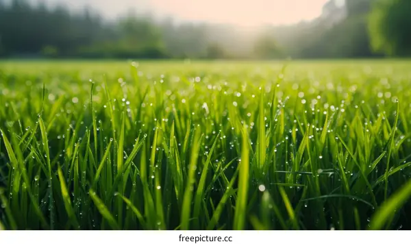 Close Up Of Dew Drops On Green Grass Blades In The Morning Sun