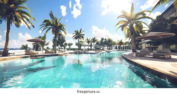 Tropical Paradise Swimming Pool with Palm Trees and Loungers