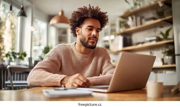 Man Working on Laptop in a Cozy Home