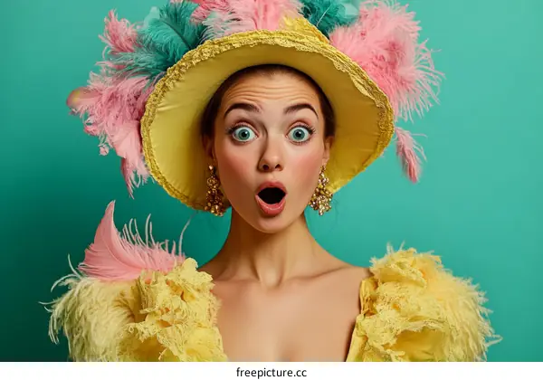 Surprised Caucasian Woman in Colorful Feather Hat