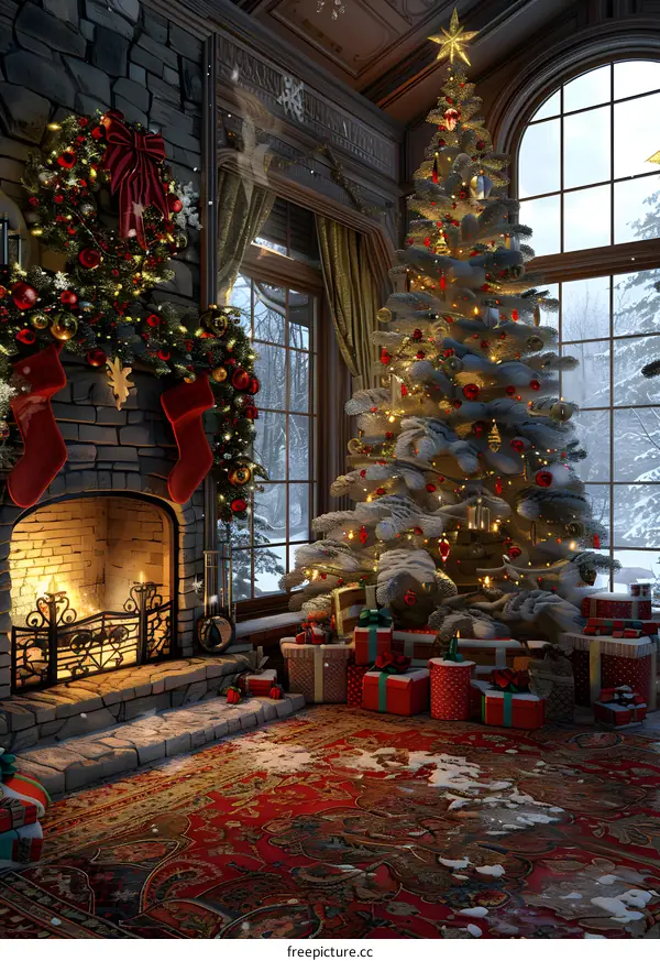 Christmas tree by the fireplace