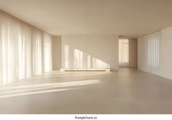Minimalist White Interior Design with Sheer Curtains and Sunlight
