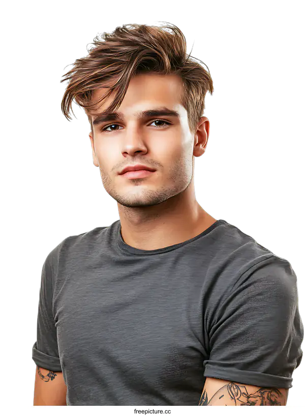 [Transparent Background PNG]Handsome Man with Stylish Hair in Gray T-Shirt