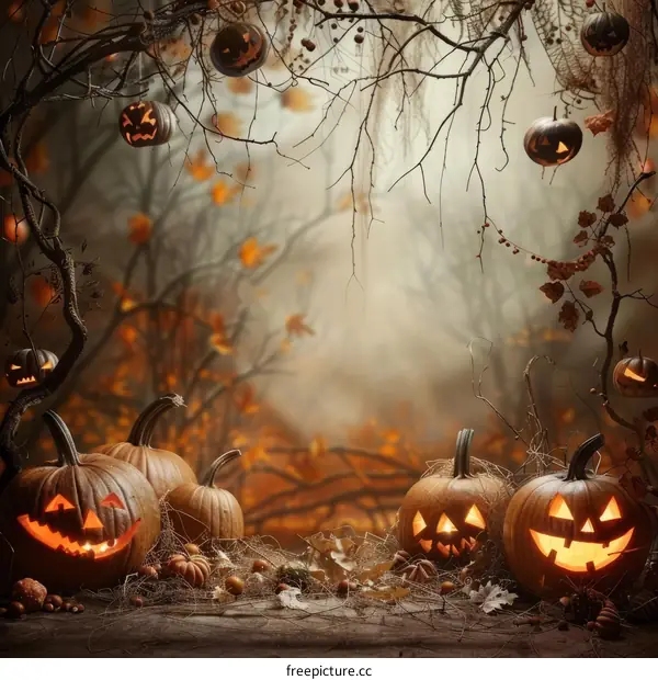 Halloween pumpkins in a spooky forest