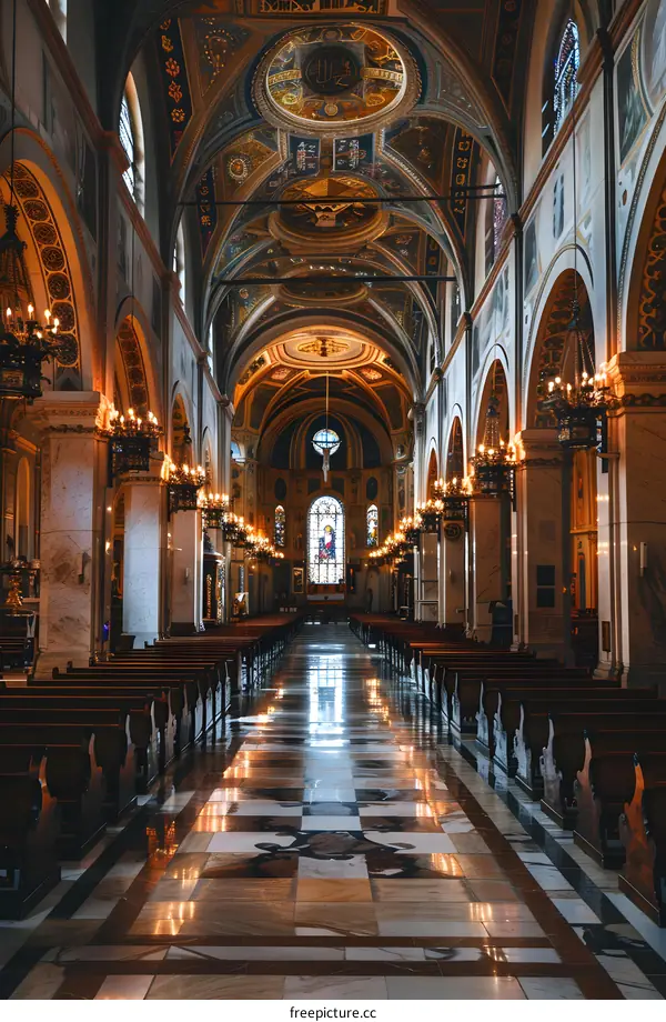 The interior of a grand church with ornate columns and a vaulted ceiling