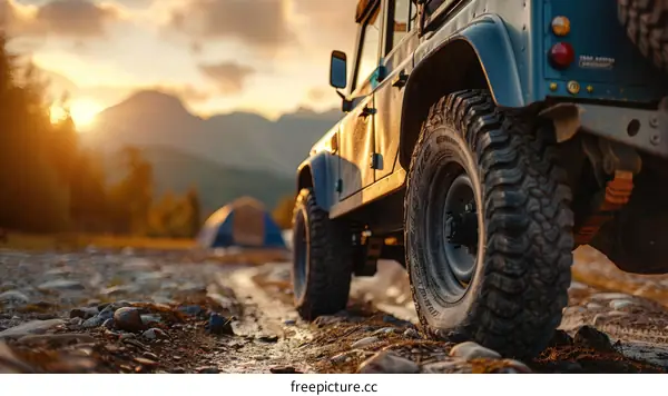 An off-road vehicle drives through a rocky riverbed with a tent in the background