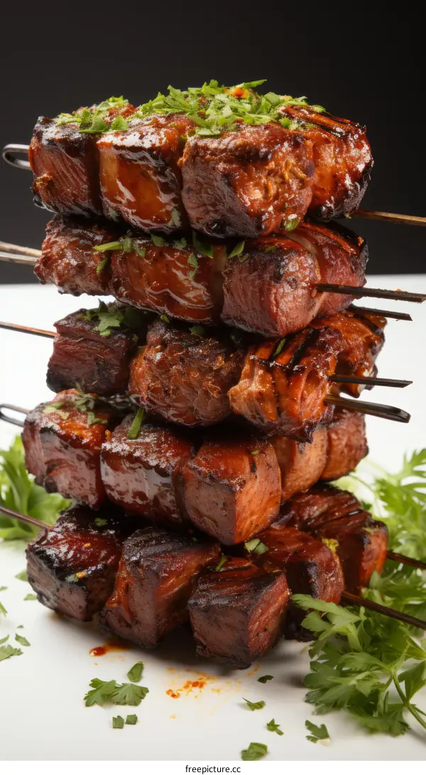 A stack of pork cubes on skewers