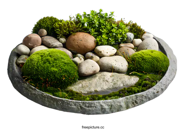 [Transparent Background PNG]Stone and Moss Terrarium on White Background