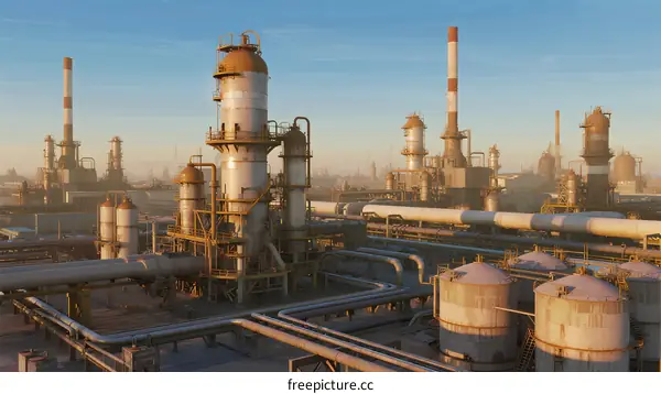 Large industrial petrochemical refinery with multiple towers and pipelines