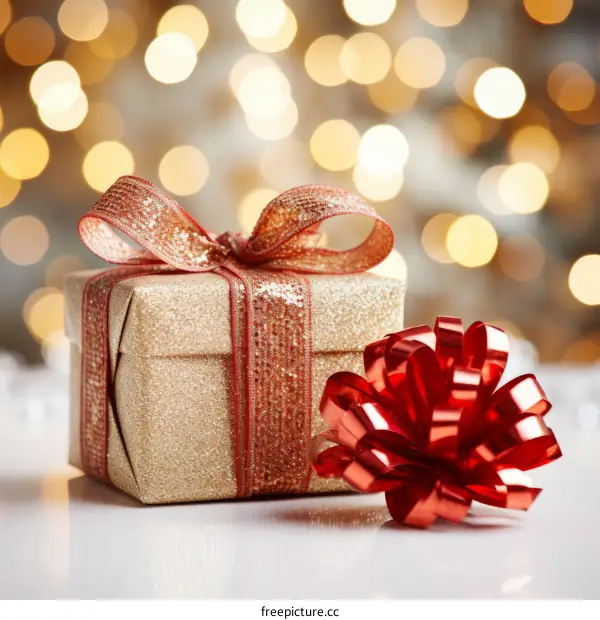 Gold and Red Christmas Gift with Bow on White Table with Blurred Christmas Lights