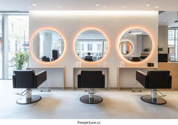 Modern Hair Salon Interior Design with Circular Mirrors