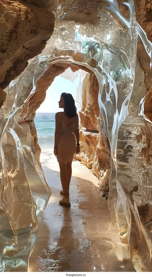 Woman Standing in a Cave with Glass Art