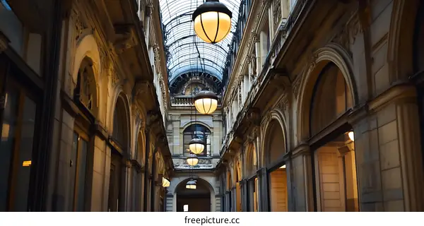 Architectural Interior With Glass Roof And Hanging Lights