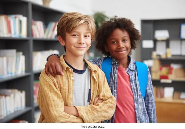 Two Children Friends in School Library