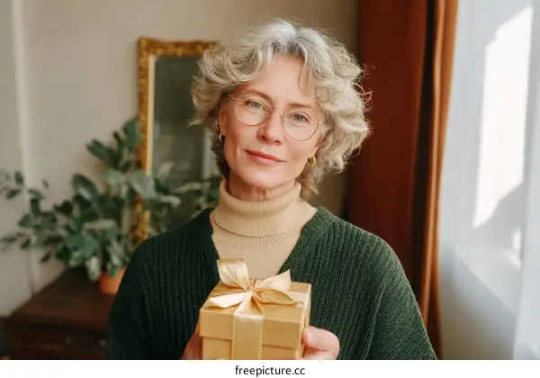 Senior Woman Holding a Gift Box Portrait