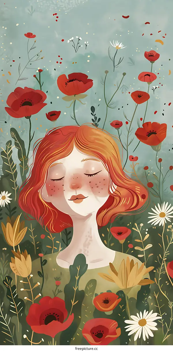 Girl With Red Hair In A Field Of Flowers