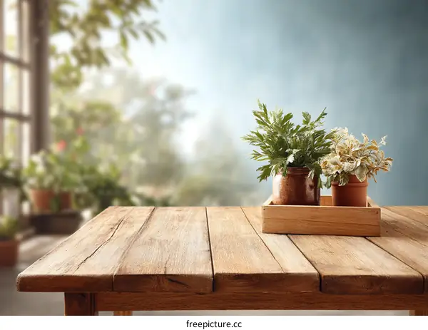 Rustic Wooden Table with Plants in Pots
