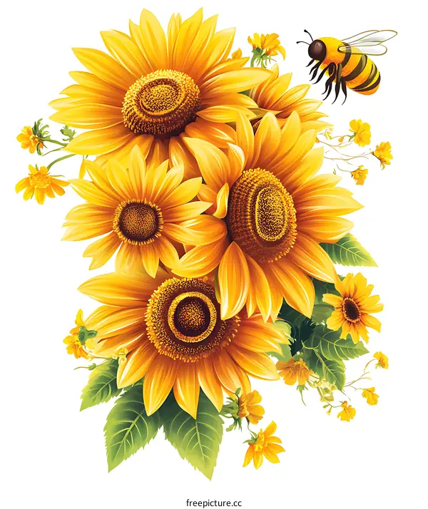 Bright Yellow Sunflowers with Bee Illustration