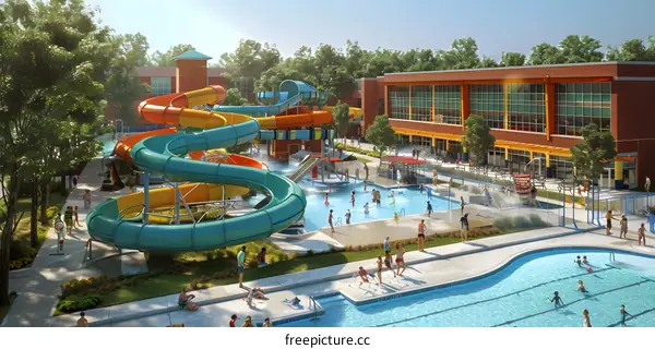 Water Park with Colorful Water Slides and a Building in the Background