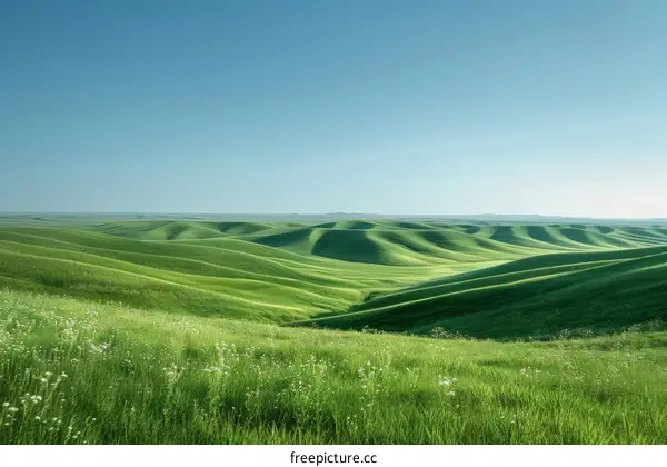 Green rolling hills under blue sky