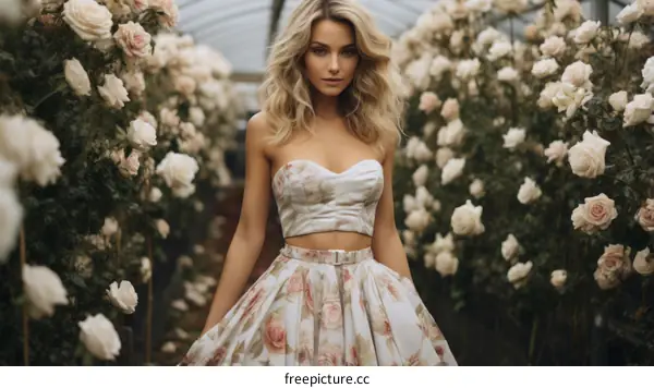 A woman with blonde hair and blue eyes is standing in a field of white roses. She is wearing a white dress with a floral pattern.