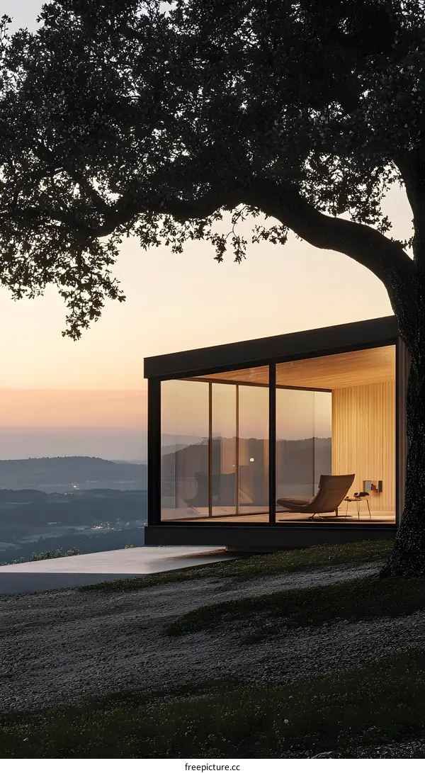 Modern Glass House with Stunning View in Sunset