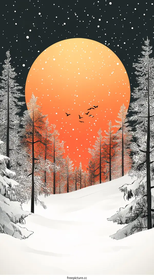Winter Forest Sunset Illustration with Snowy Path