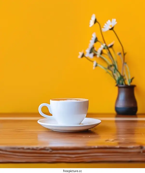 White Coffee Cup on Wooden Table with Yellow Wall and Daisies