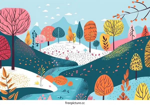 Colorful Abstract Illustration of a Forest with Trees, Mountains and a River