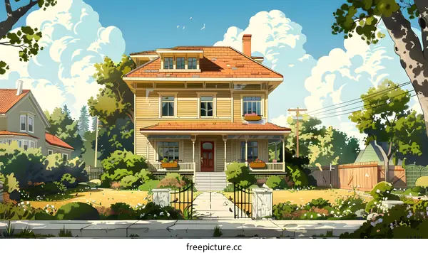 A yellow house with a red roof and a white fence in front of it