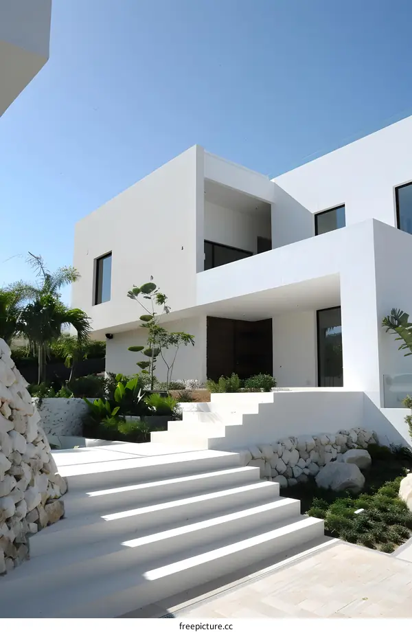 Modern White House with Steps and Landscaping