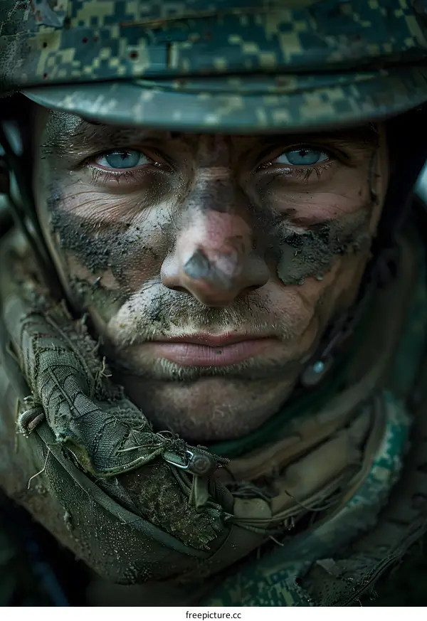 Portrait of a soldier with camouflage on his face