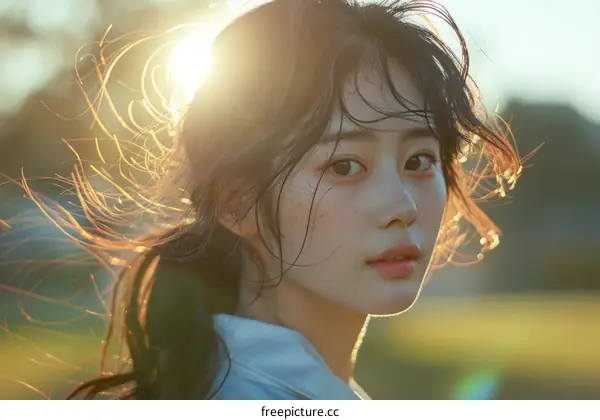 Portrait of a young woman with long dark hair blowing in the wind