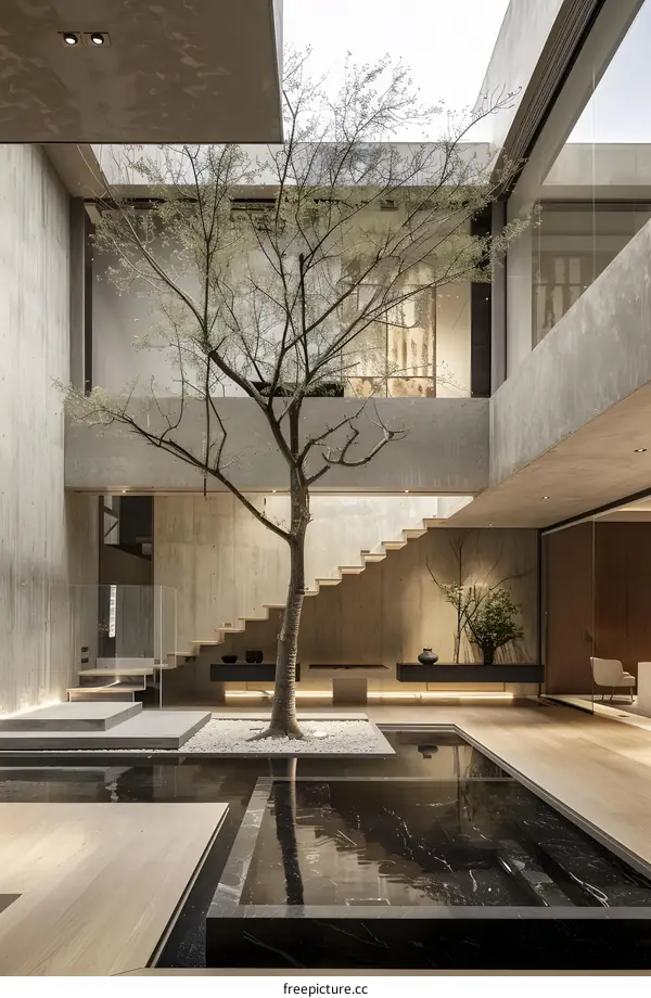 Modern Minimalist Interior Design With A Tree And Water Feature