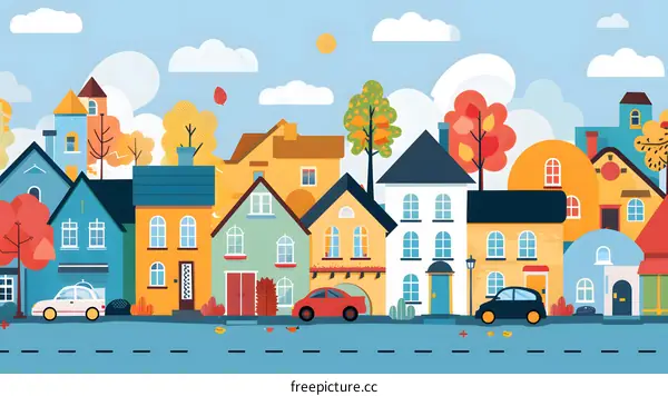 Colorful Autumn Illustration of a Small Town with Houses