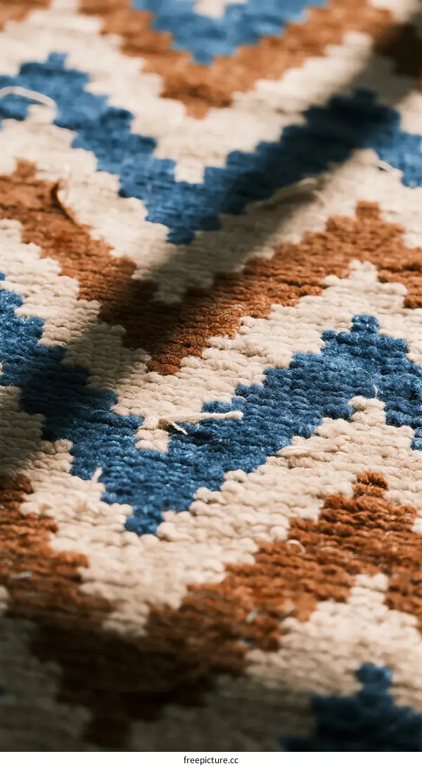 Close-up view of a colorful woven textile with geometric patterns