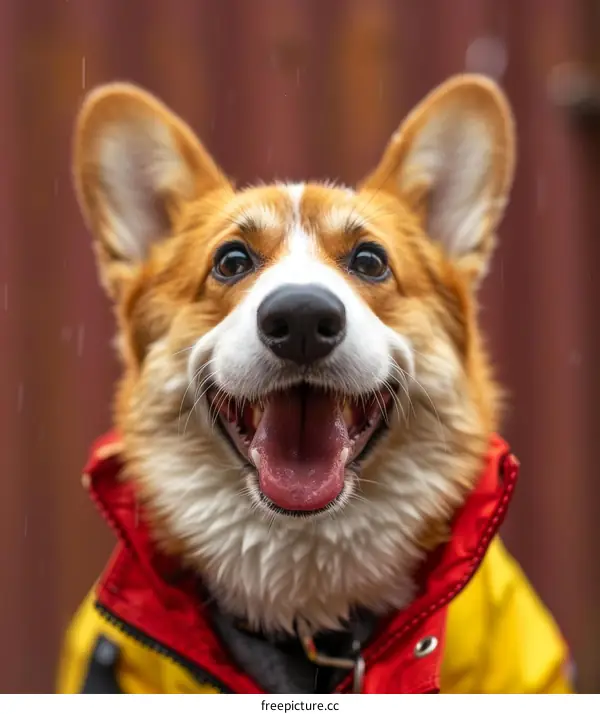 A happy corgi dog wearing a yellow and red raincoat