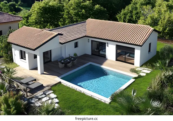 Modern White House with Swimming Pool and Green Lawn