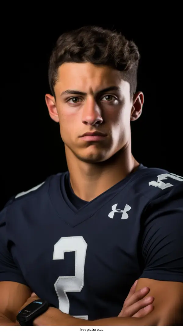 Young male football player in blue and white jersey