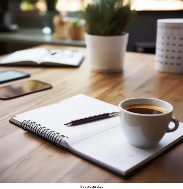 An organized desk with a notebook, pen, coffee cup and plant
