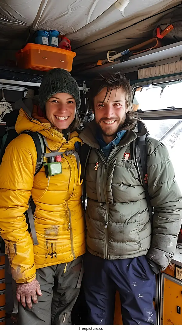 Couple in winter gear inside a van
