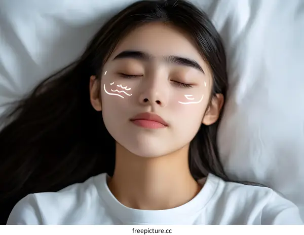 Close Up Portrait Of Young Asian Woman Sleeping With White Lines On Her Face