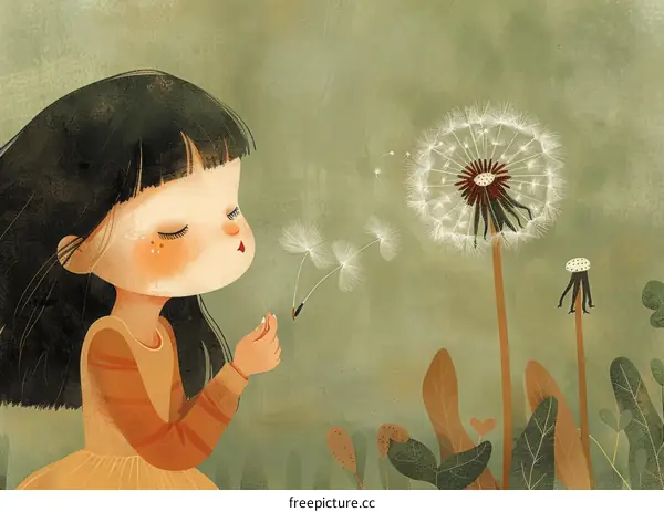 Little girl blowing dandelion seeds