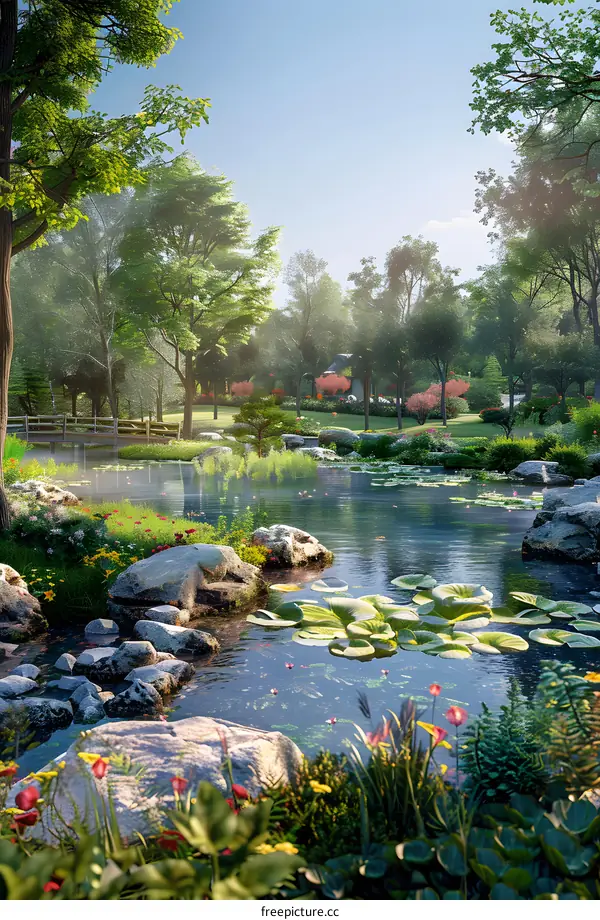 Beautiful Summer Landscape with Pond and Trees