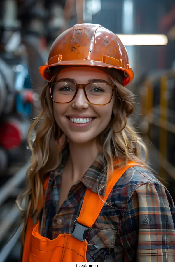 portrait of a female worker wearing a hard hat and safety glasses
