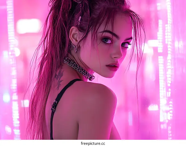 Neon Pink Portrait of Woman with Wet Hair and Tattoo