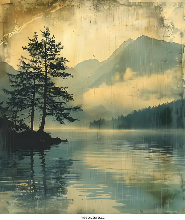 Vintage Mountain Lake Landscape with Pine Trees